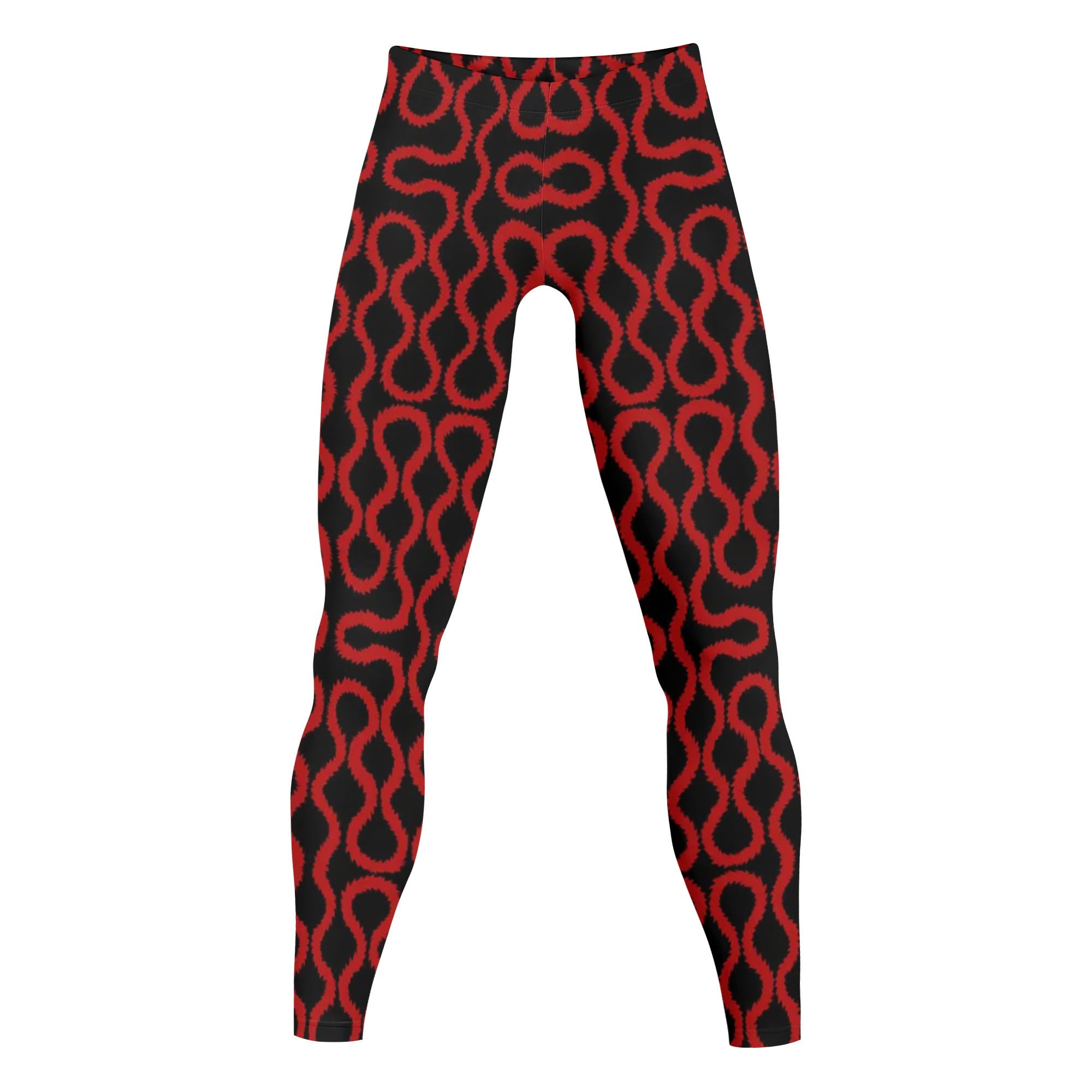 Unisex All Over Print Leggings, Westwood, Squiggles, Pattern, Red Squiggle on Black background