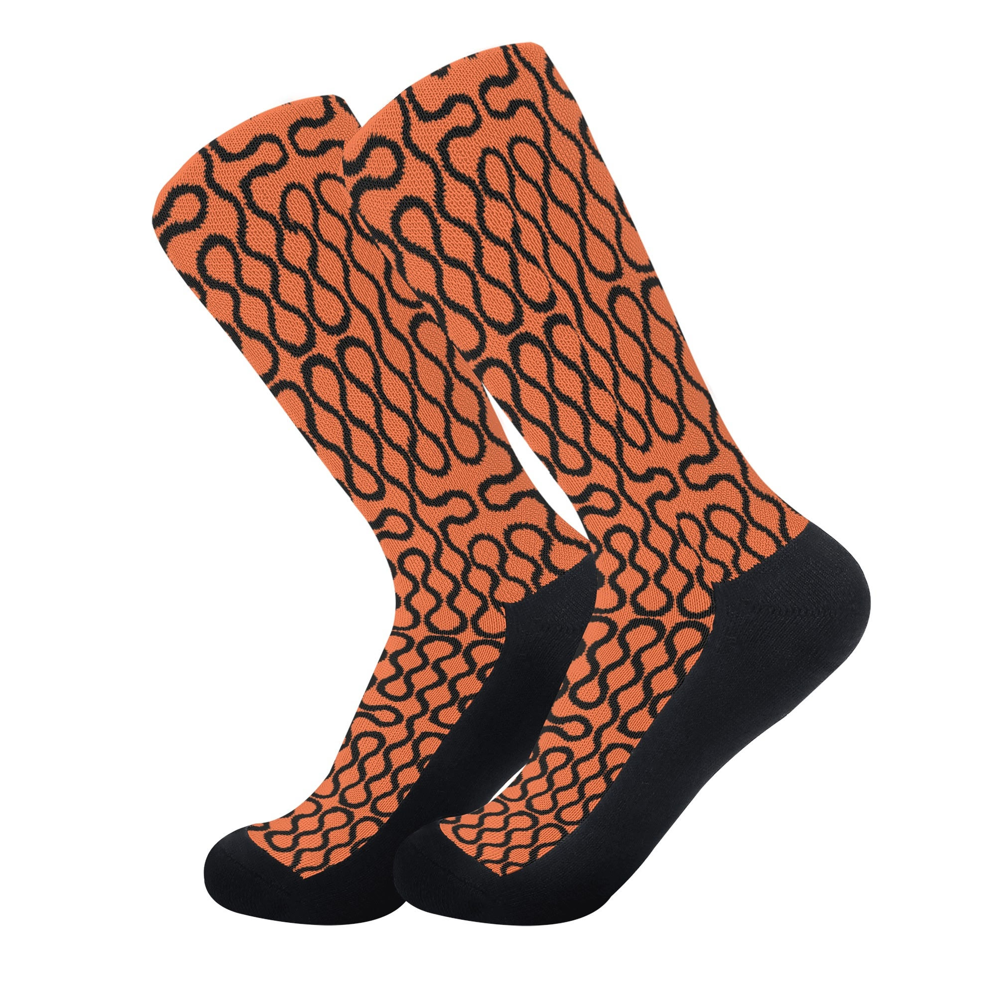 Crew Socks Calf Length Westwood Style Black Squiggles on Orange Background