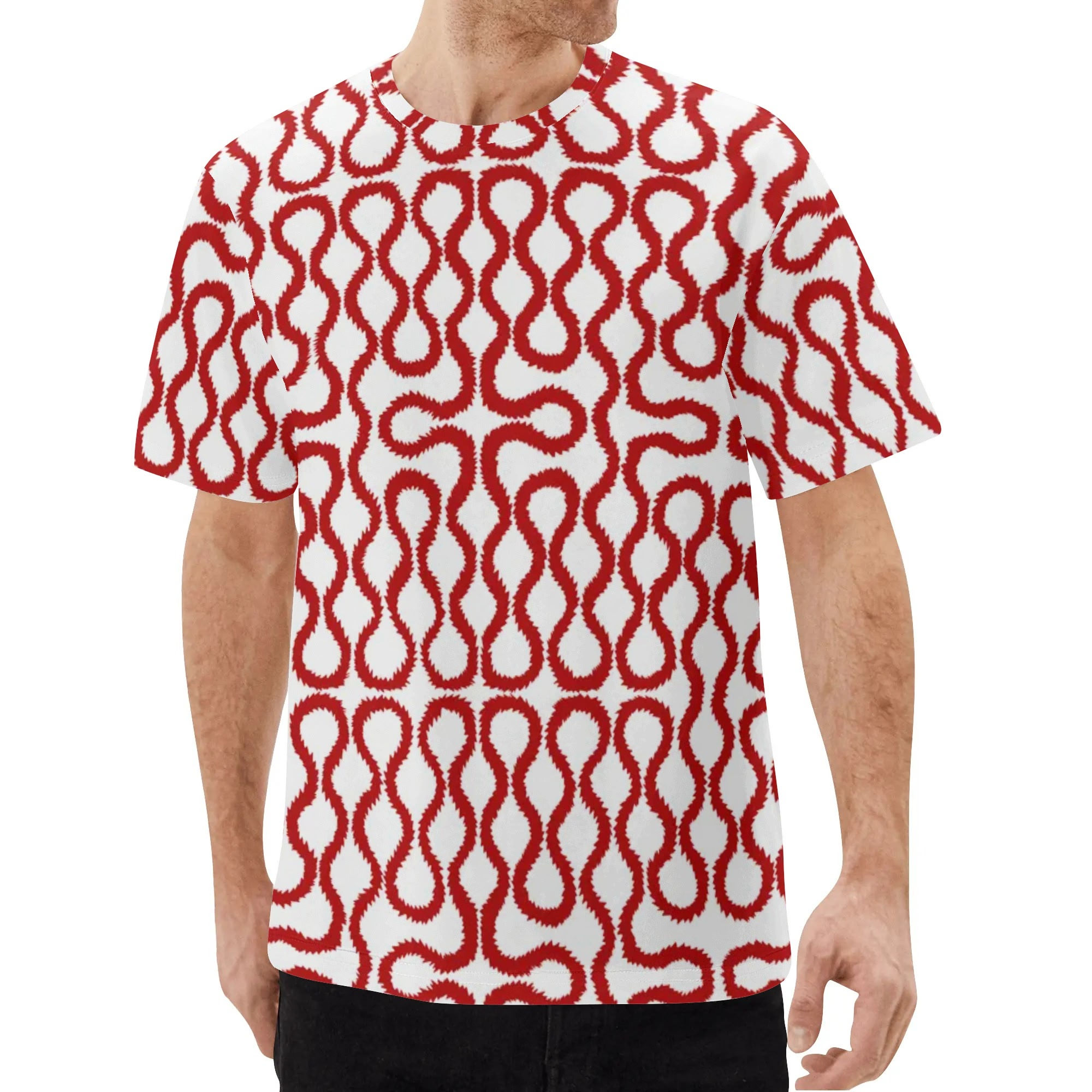 Unisex All Over Print T-shirt, Westwood, Squiggles, Pattern, Red Squiggle on White background