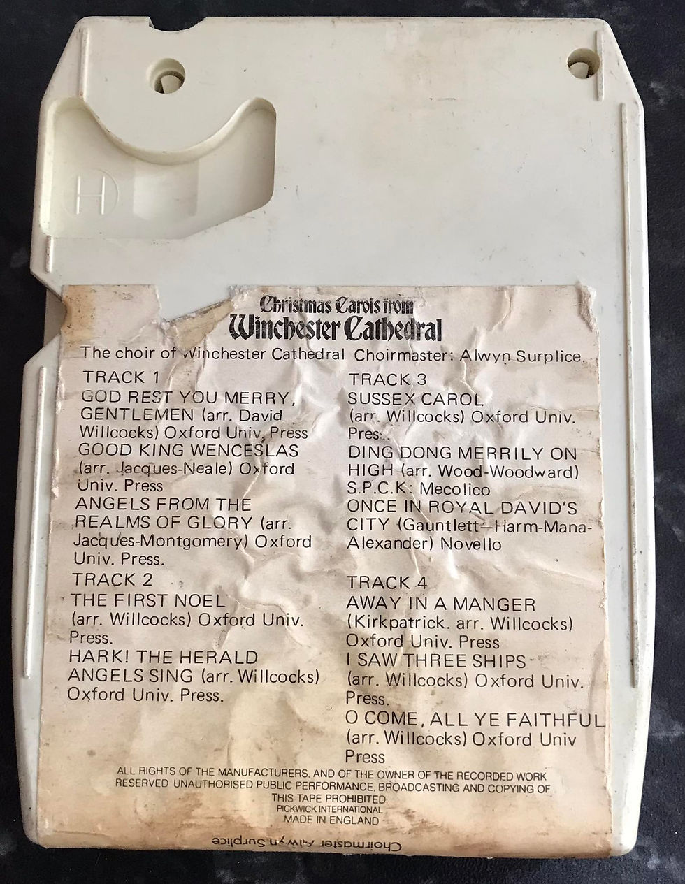 8 Track Stereo, Christmas Cariols from Winchester Cathedral Cartridge, Hallmark, H 8183, Vintage 8 Track