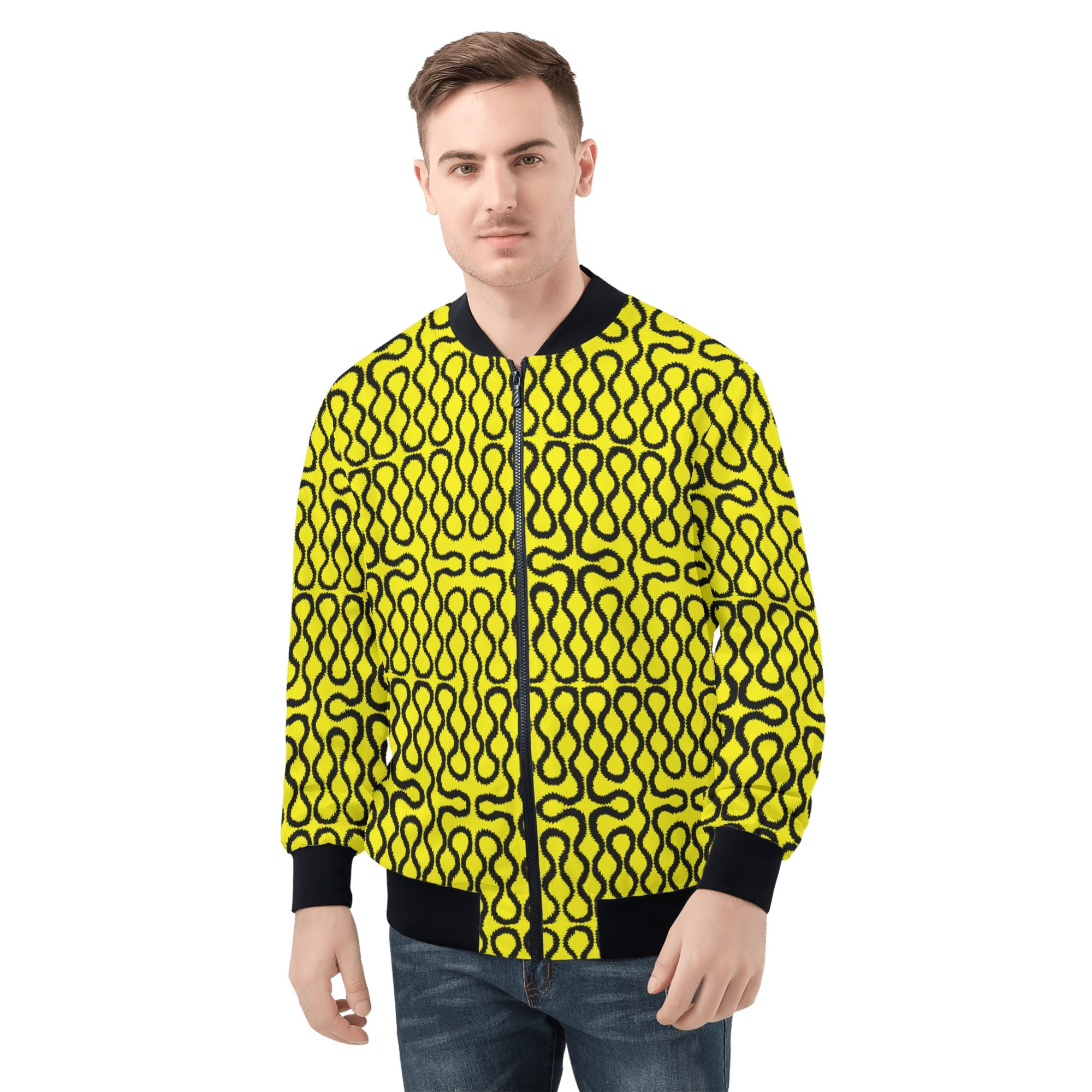 Unisex All Over Print Zip Bomber Jacket, Westwood Black Squiggles on Yellow Background