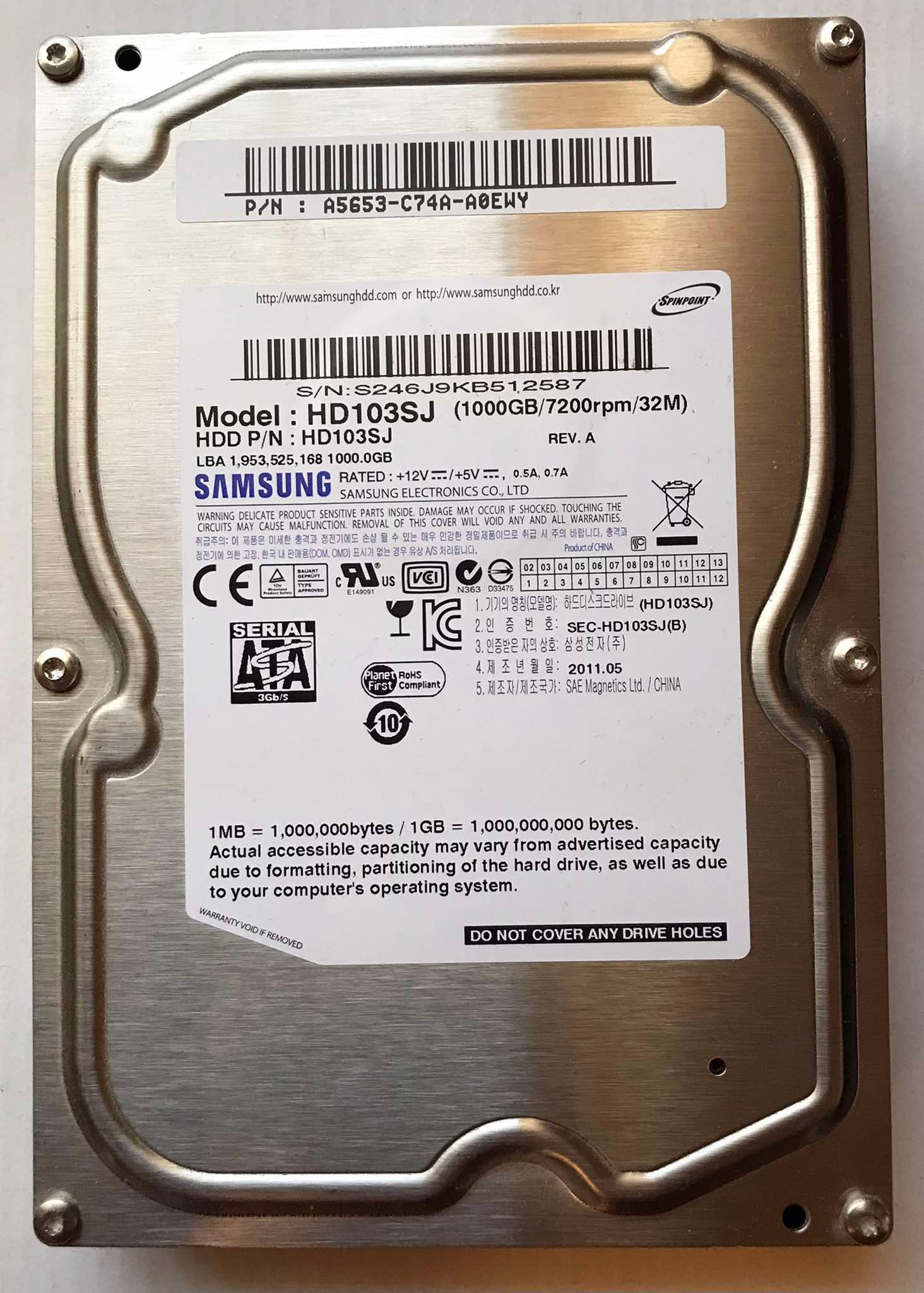 1TB Samsung 3.5" HDD, Model HD103SJ, 7200 RPM, SATA