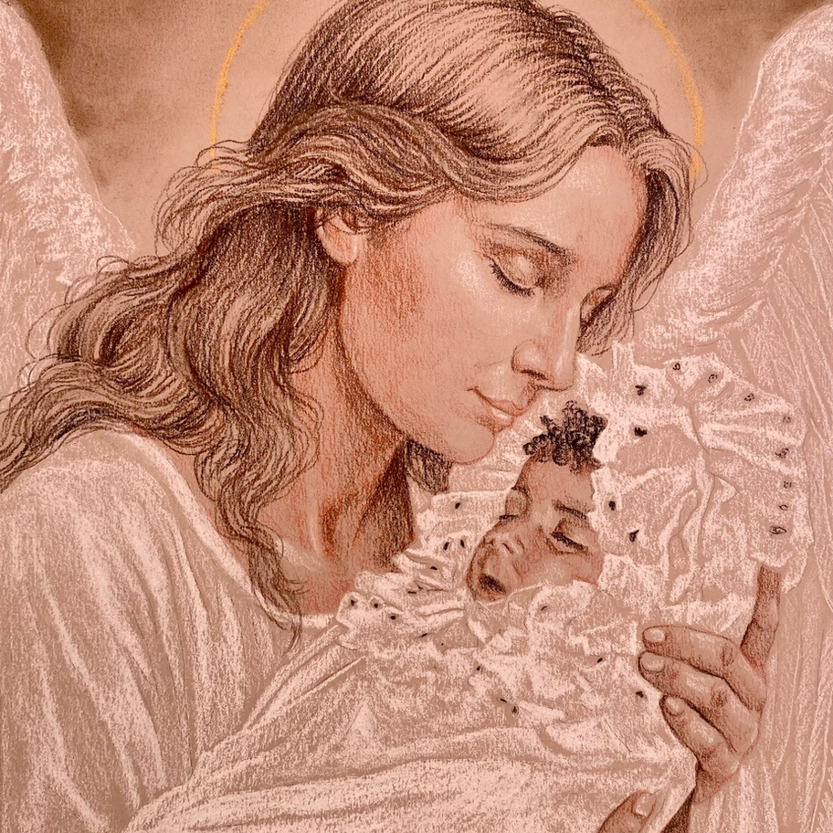 retrato de angelito tomando un bebé por Paloma Nosecuanto