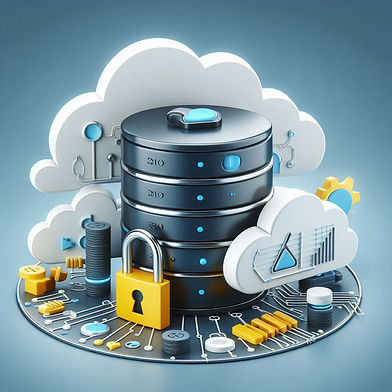database cloud security with colors blue, white, gray, black, yellow, photo realism theme.