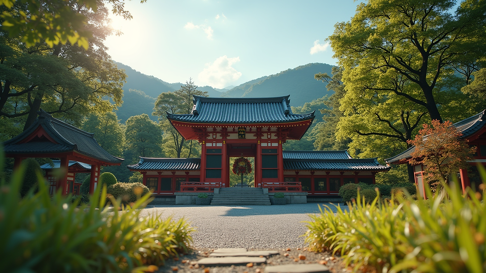 Eye-level view of a traditional Japanese shrine in a rural area