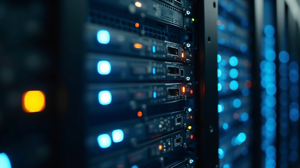 Nahaufnahme eines Serverschranks mit blinkenden Lichtern in einem Rechenzentrum