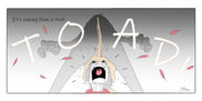 comic. digital drawing of a shouting guy, scared, as he is surprised by a giant troll-toad on top of him. With "Toad" across the panel. Red leaves around the panel.