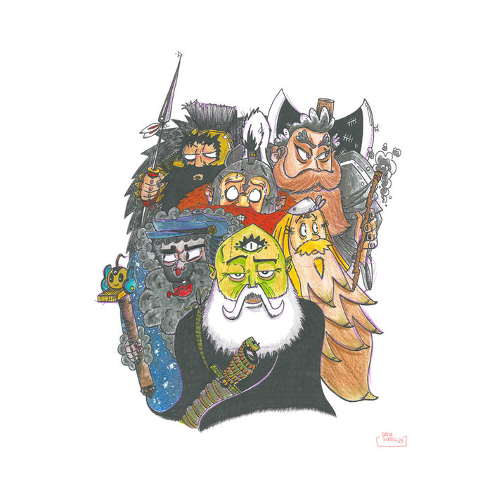 six magic dwarves with their weapons