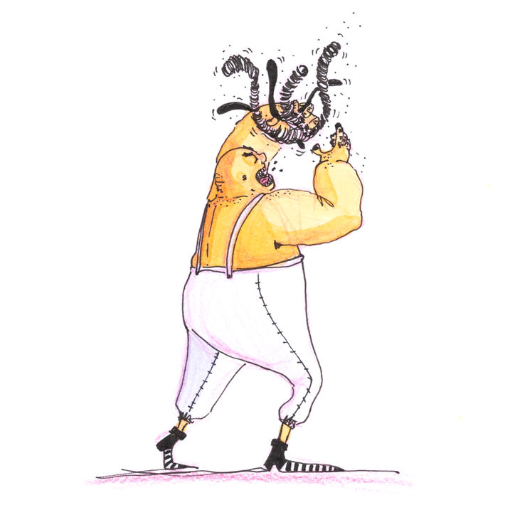 A cartoon fat character with yellow skin grabbing worm-like creatures from the air to eat them