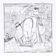 comic. pencil and pen sketch of a man-dragon offering you a quest on a tiny paper.