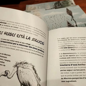 A sneak peek into the book El Cami de L'Estepa Blanca. Text from the book and a drawing of a mischievous vulture can be seen.