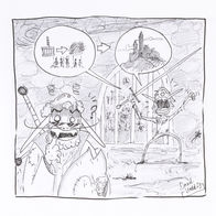 comic. pencil and pen sketch of a man-dragon and a young boy that had transformed into vampires. While the boy is shouting they have been captured, but the man-dragon is more concerned about his new set of teeth.