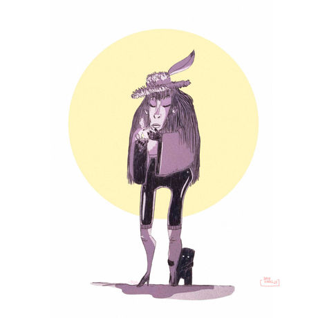 A cartoon mafia girl with  her father's hat, smoking a cigarette. A little shadow mascot is clutching to her leg. She is framed on a pastel yellow circle.