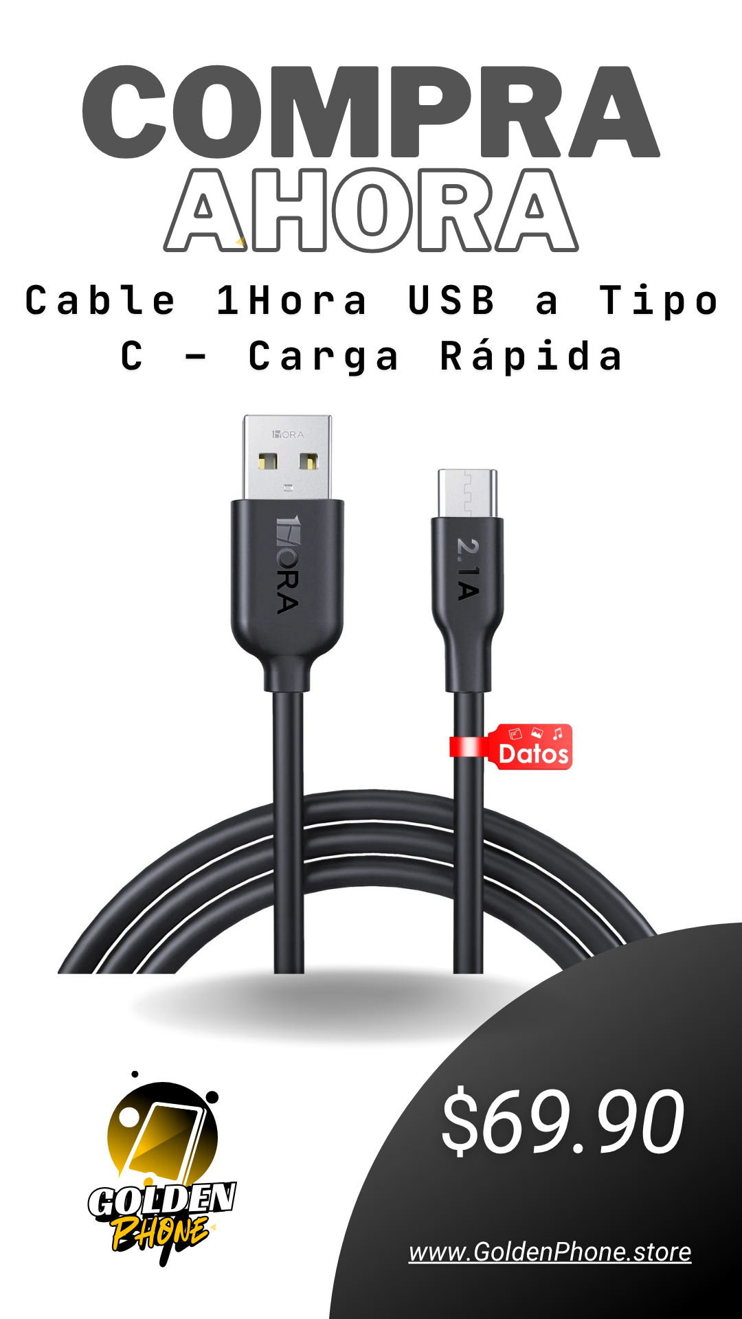 Cable 1Hora USB a Tipo C – Carga Rápida