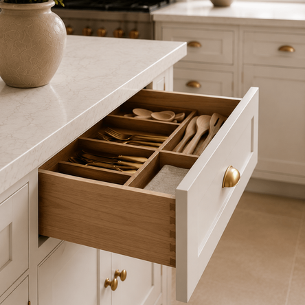 **First Image:** Abstract geometric shapes in black and white.
**Second Image:** Open kitchen drawer with organized wooden utensils.
