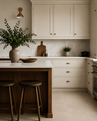 Elegant kitchen with wooden stools and marble countertops.