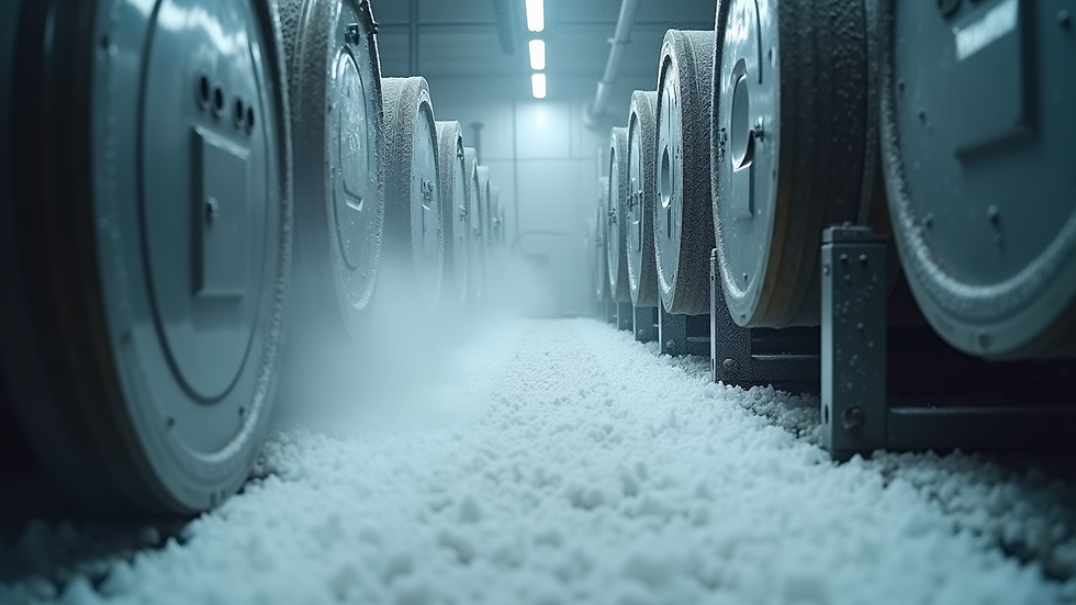 Eye-level view of industrial machinery being cleaned with dry ice blasting