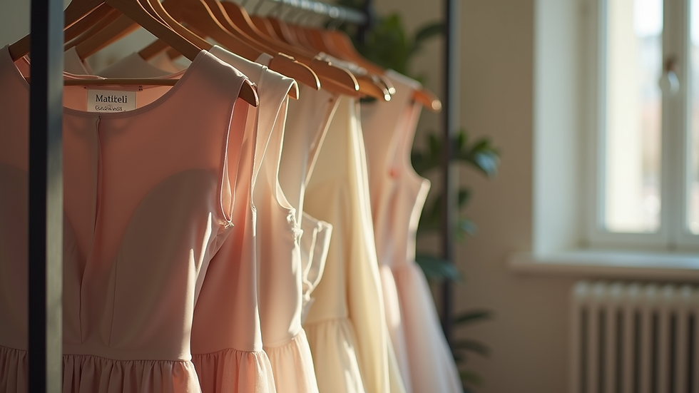 Eye-level view of a clothing rack displaying elegant modest dresses