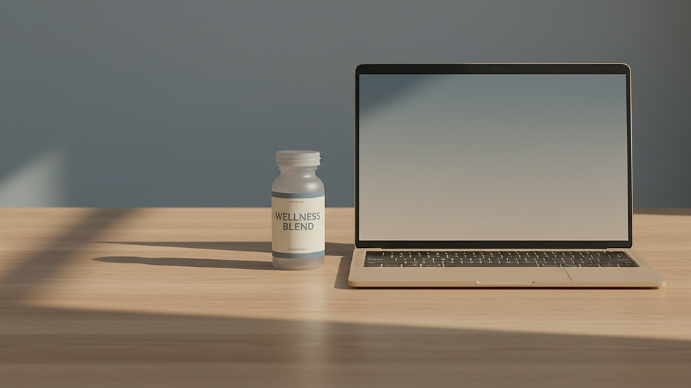 Close-up view of a prescription bottle and a laptop on a table