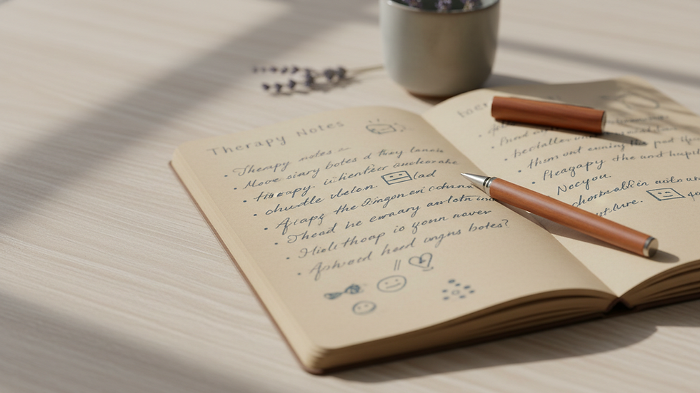 Close-up view of a notebook with therapy notes and a pen