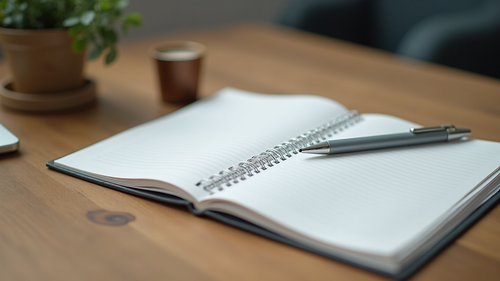 Close-up view of a notebook with therapy notes and a pen on a wooden table