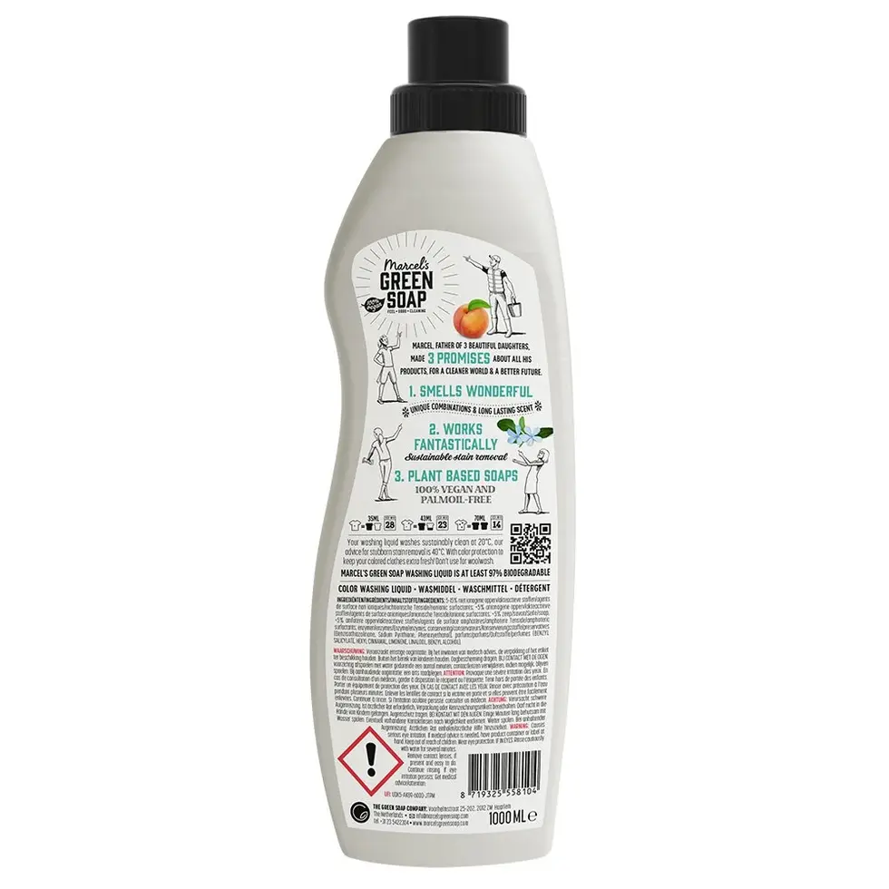 Die Rückseite des Color Waschmittels mit Pfirsich & Jasmin von Marcel's Green Soap