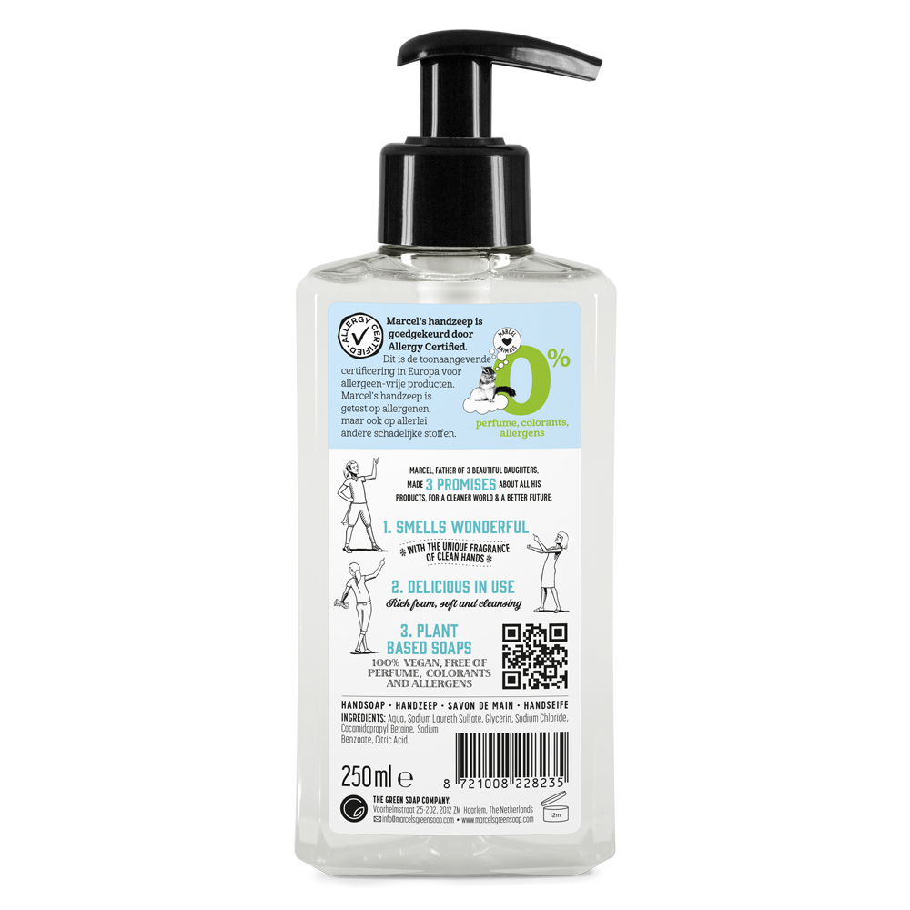 Die Rückseite der Verpackung von Marcel's Green Soap Handseife ohne Parfum