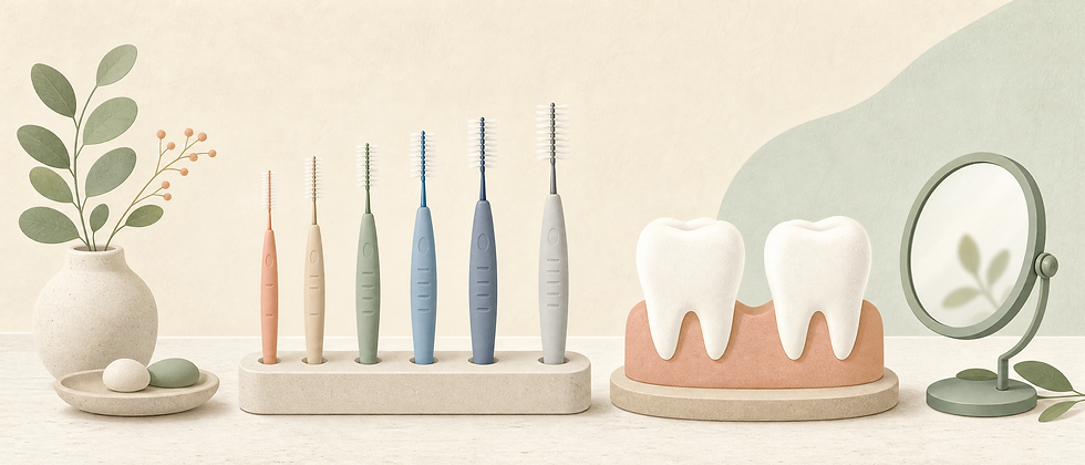 Illustration: Interdentalbürstchen in verschiedenen Größen neben einem Zahnzwischenraum