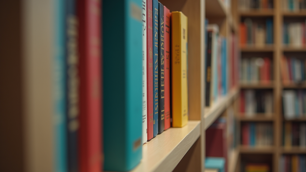 Eye-level view of a neatly organized bookshelf with colorful books