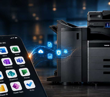 Phone showing Microsoft 365 app icons beside a Toshiba multifunction printer