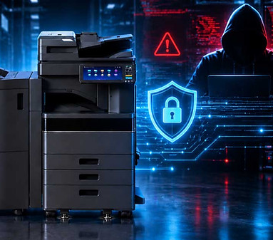 Toshiba multifunction printer surrounded by document lock and security shield graphics