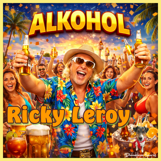 Ausgelassene Party mit tanzenden Menschen und erhobenen Bierbechern, passend zum Partyschlager ‚Alkohol‘ von Ricky Leroy.