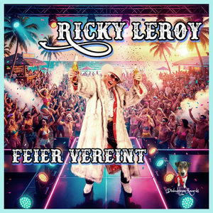 Ausgelassene Gruppe feiernder Menschen mit erhobenen Bierbechern bei Sonnenuntergang, passend zum Partyschlager ‚Feiern Vereint‘ von Ricky Leroy.