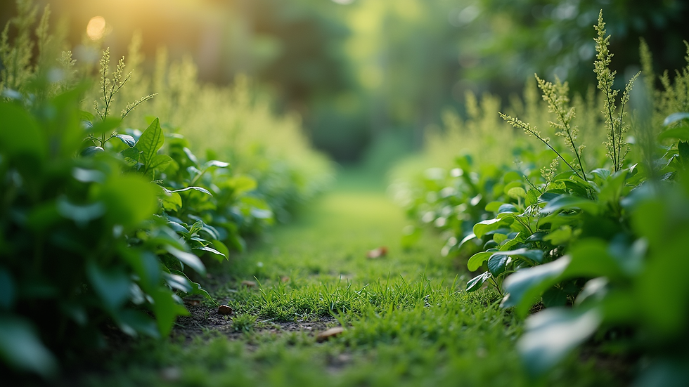 Eye-level view of a lush green garden with diverse plants