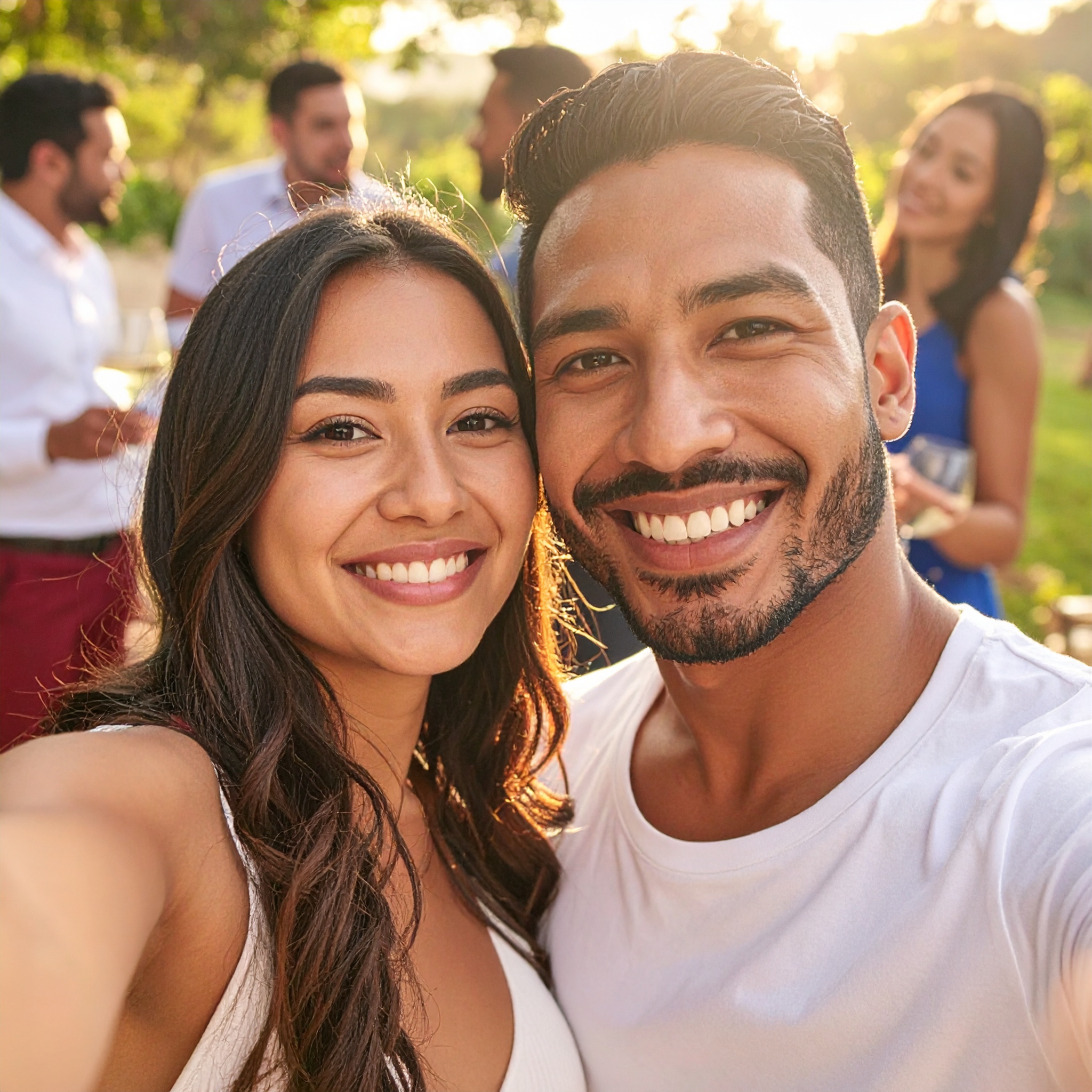 Pareja hispana muy atractiva y joven se hacen un selfie sonriendo a camara, atrás vemos un