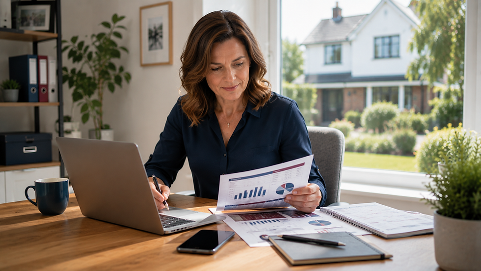 Professional business owner reviewing financial performance and business growth plans on a laptop in a bright modern office.