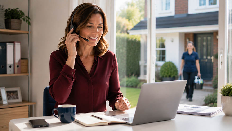Confident female business owner meeting a customer while coordinating her cleaning team from a modern home office.