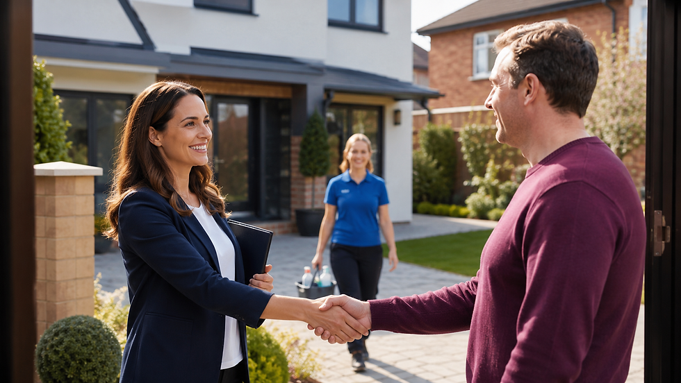 Business owner meeting a prospective customer outside a modern UK home while managing a professional domestic cleaning business.