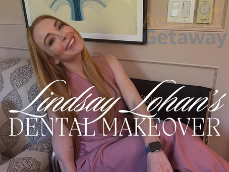 Branded Aesthetic Getaway graphic of Lindsay Lohan smiling in a pink jumpsuit, highlighting her dental makeover transformation.