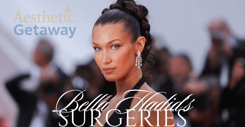 Bella Hadid on the Cannes red carpet in a black gown, showcasing her transformation and rumored surgeries.
