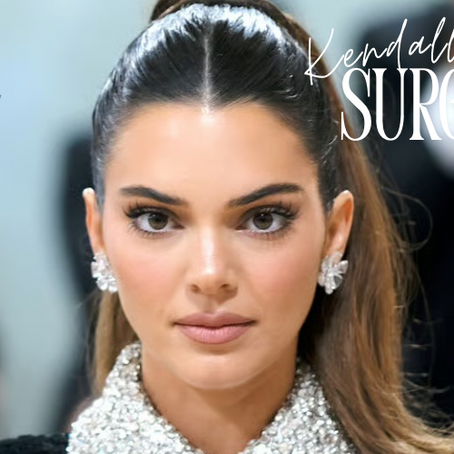 Kendall Jenner close-up at red carpet with text overlay highlighting surgeries.
