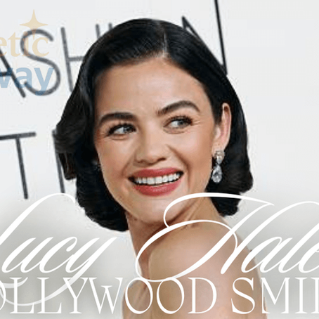 Lucy Hale smiling on the red carpet showing her perfect Hollywood smile transformation.