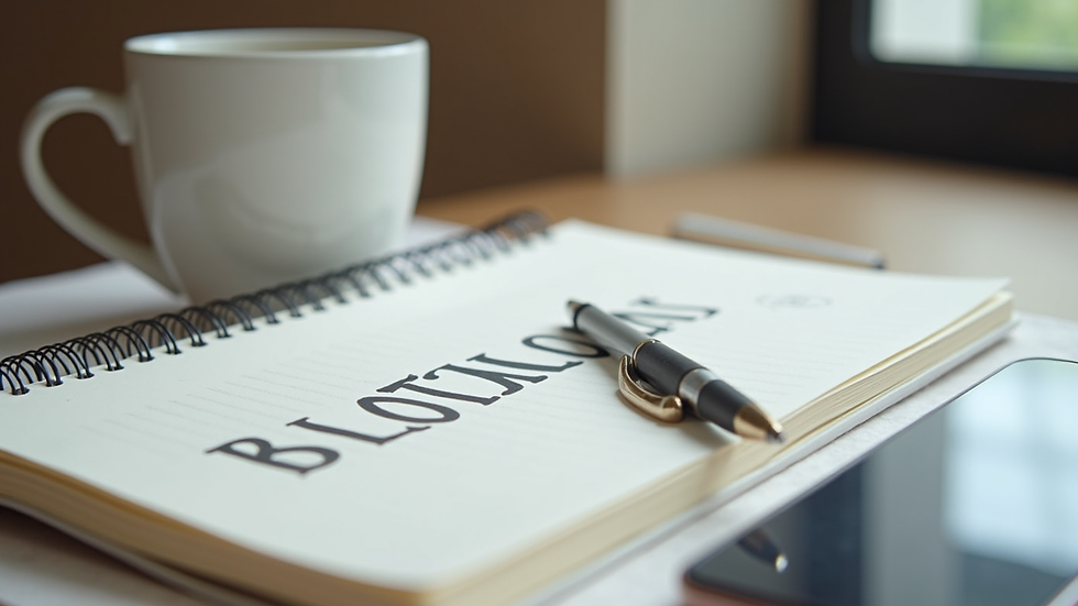 Close-up view of a notebook with rental blog ideas and a pen