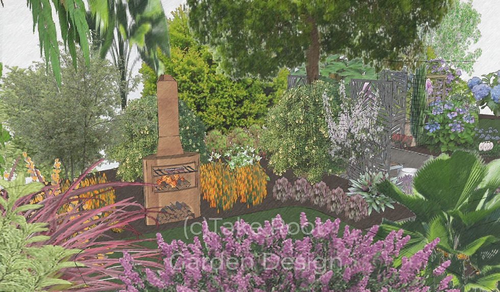 A SketchUp model of a garden with a fireplace and lawn and plants from Shoot.