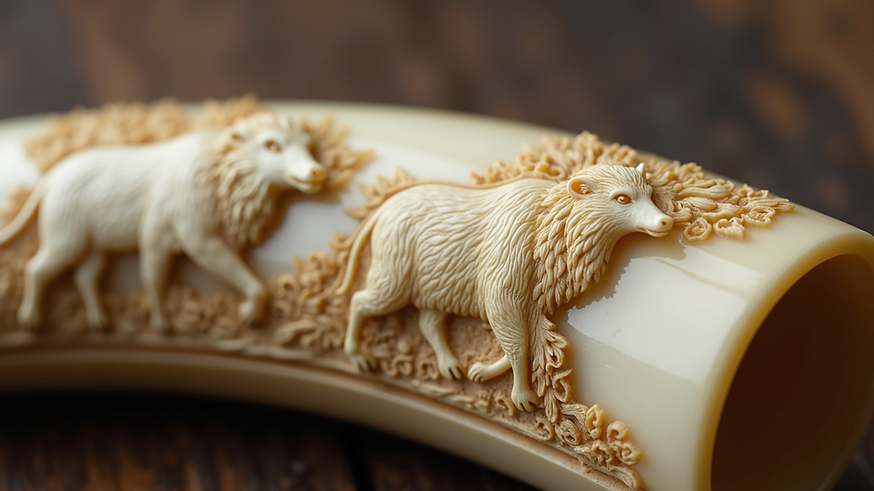 Close-up view of hand-carved ivory scrimshaw with Alaskan wildlife motifs