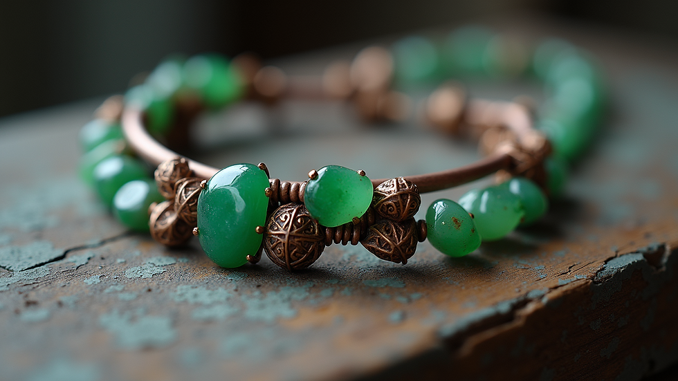 Eye-level view of handcrafted Alaskan jewelry made with jade and copper