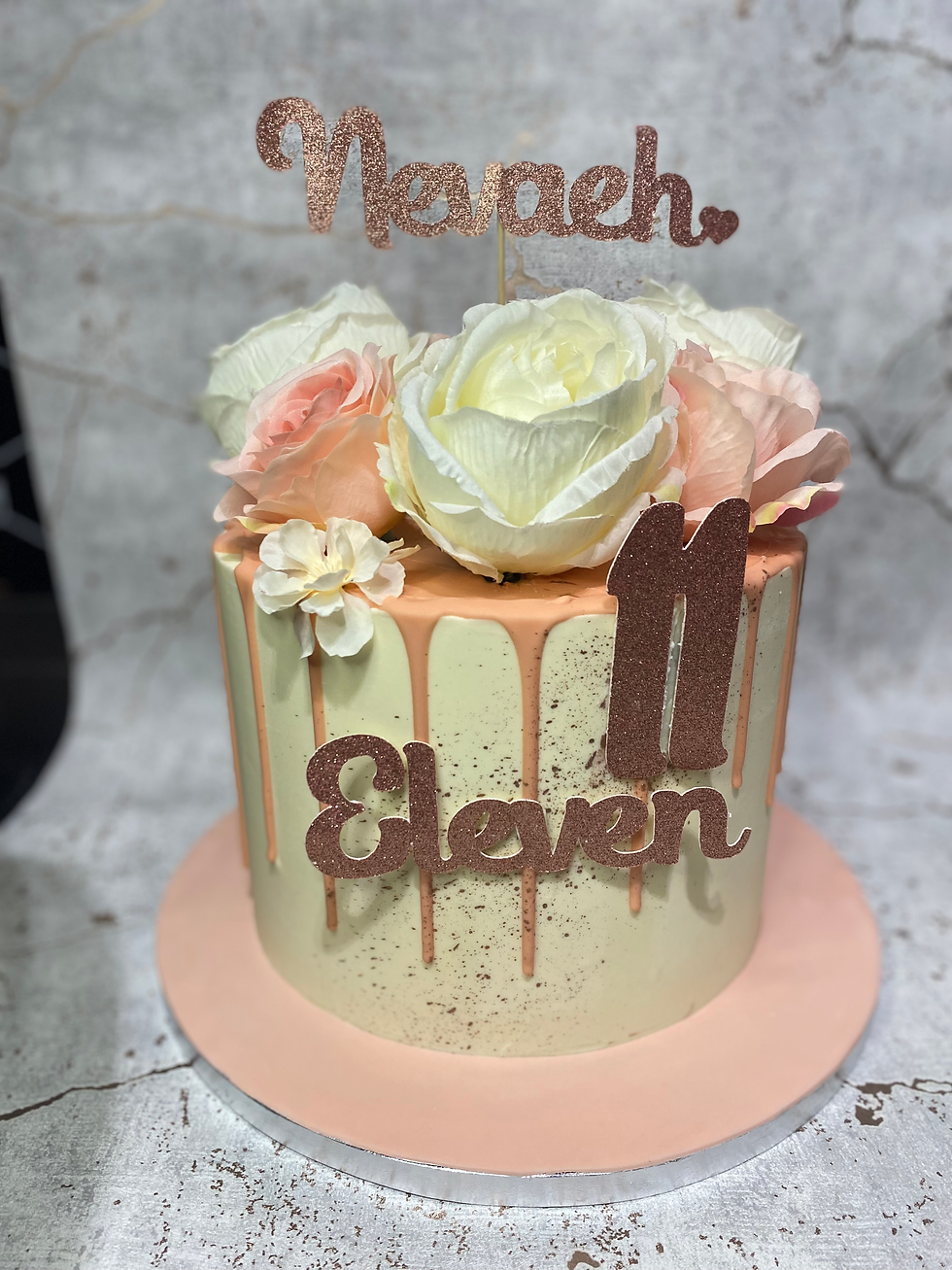 Pink and White Drip Cake with Silk Flowers
