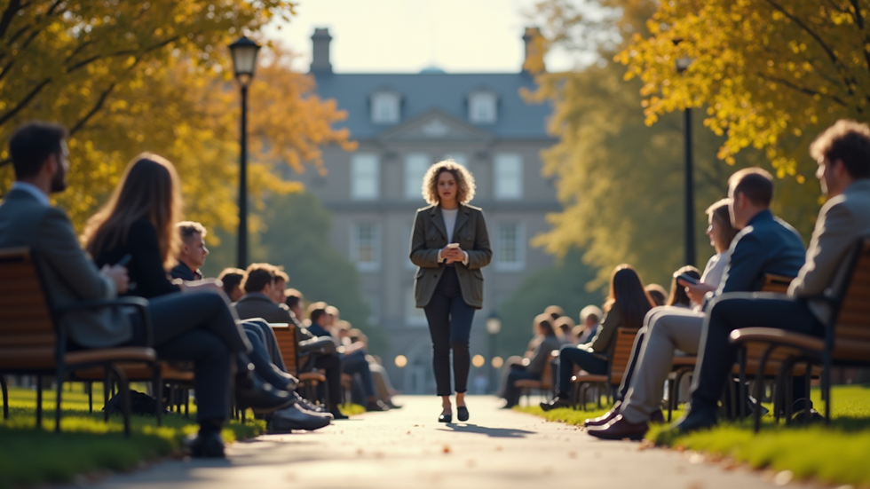 Eye-level view of a university campus with students engaged in discussions