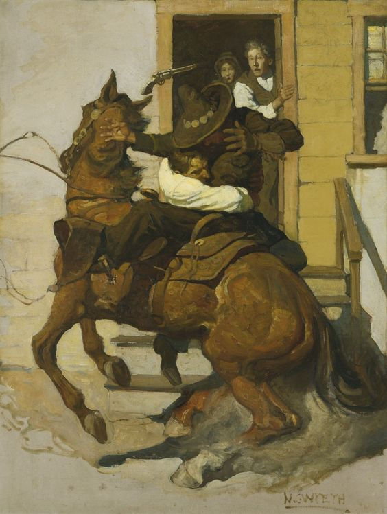 BUT SIR HENRY NEVER STOPPED. HE KEPT RIGHT ON. WHEN HE REACHED THE TOP STEP HE BRACED HIS FOOT ON IT AND GAVE A MIGHTY SPRING AND CAUGHT THE GREASER AROUND THE WAIST AND SWUNG HIM CLEAN OUT OF THE SADDLE, 1912