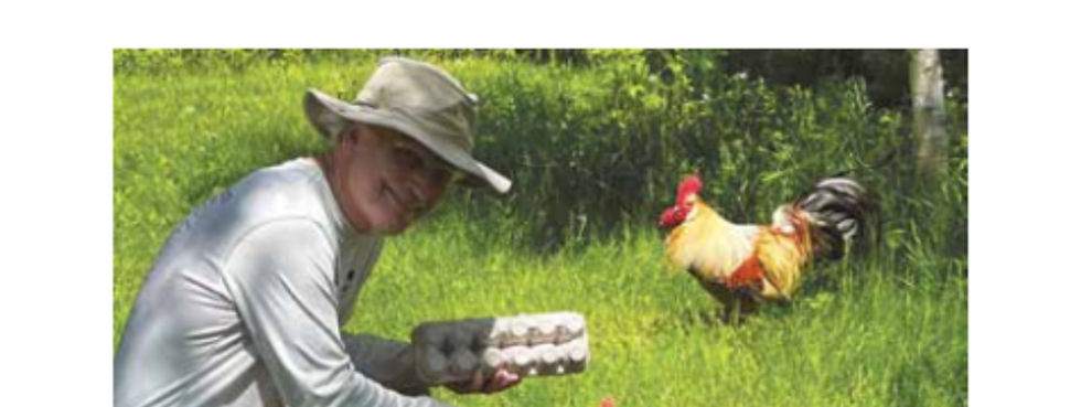 A man crouches down in the grass. Behind him is a red, white, brown, and black rooster.